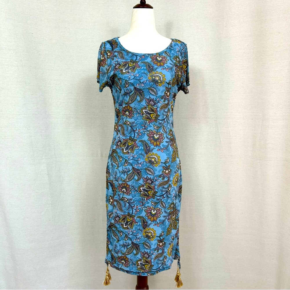 Brown and Blue Sheath Dress with Scoop Neck & Tassels